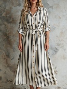 SHEIN LUNE CURVE Đầm size lớn họa tiết sọc mùa thu/đông, phong cách thanh lịch, thiết kế thắt lưng, phù hợp hẹn hò, thường ngày, du lịch, phong cách đường phố mùa thu - Nhiều màu - Xem 6