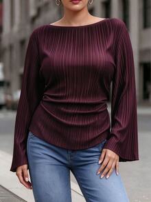 Velvienne Autumn/Winter Wide Round Neck Flare Sleeve Cinched Waist Pleated Shirt Fall - Red - View 6