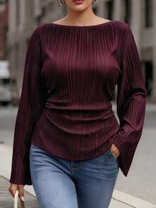 Velvienne Autumn/Winter Wide Round Neck Flare Sleeve Cinched Waist Pleated Shirt Fall - Red - View 4