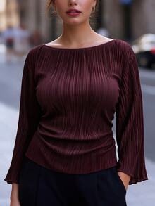 Velvienne Autumn/Winter Wide Round Neck Flare Sleeve Cinched Waist Pleated Shirt Fall - Red - View 5
