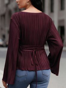 Velvienne Autumn/Winter Wide Round Neck Flare Sleeve Cinched Waist Pleated Shirt Fall - Red - View 2