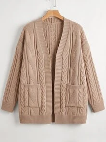 Linhara CURVE 2026 Autumn/Winter Plus Size Solid Color Vintage Cable Knit Cardigan Women Loose Fit With Pockets Lazy Thick Versatile Sweater Jacket - Khaki - View 4
