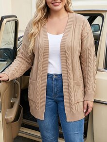 Linhara CURVE 2026 Autumn/Winter Plus Size Solid Color Vintage Cable Knit Cardigan Women Loose Fit With Pockets Lazy Thick Versatile Sweater Jacket - Khaki - View 8