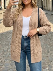 Linhara CURVE 2026 Autumn/Winter Plus Size Solid Color Vintage Cable Knit Cardigan Women Loose Fit With Pockets Lazy Thick Versatile Sweater Jacket - Khaki - View 3