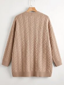 Linhara CURVE 2026 Autumn/Winter Plus Size Solid Color Vintage Cable Knit Cardigan Women Loose Fit With Pockets Lazy Thick Versatile Sweater Jacket - Khaki - View 2