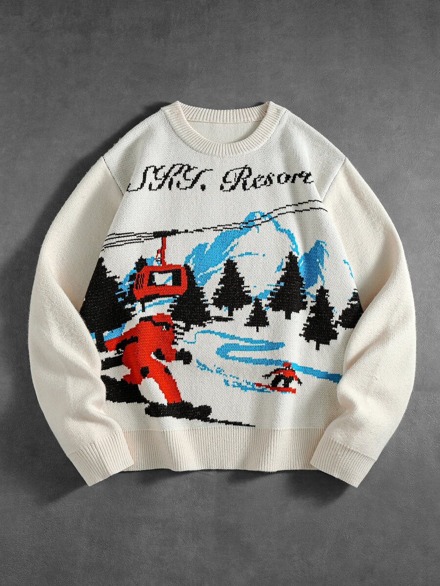 ROMWE MEN Street Life Men's Crew Neck Vintage Ski Sports Casual Knit Sweater - Multicolor - View 1