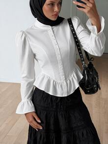 SHEIN ICON 女款純色荷葉邊袖口單排扣休閒襯衫 - 白色 - 查看 9