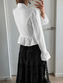 SHEIN ICON 女款純色荷葉邊袖口單排扣休閒襯衫 - 白色 - 查看 2