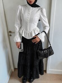 SHEIN ICON 女款純色荷葉邊袖口單排扣休閒襯衫 - 白色 - 查看 5