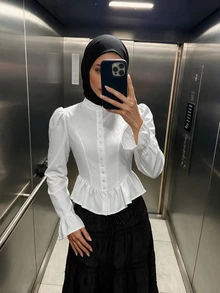 SHEIN ICON 女款純色荷葉邊袖口單排扣休閒襯衫 - 白色 - 查看 8