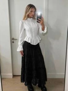 SHEIN ICON 女款純色荷葉邊袖口單排扣休閒襯衫 - 白色 - 查看 3