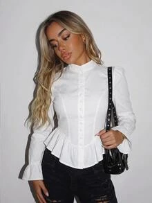 SHEIN ICON 女款純色荷葉邊袖口單排扣休閒襯衫 - 白色 - 查看 4