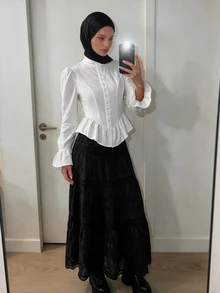 SHEIN ICON 女款純色荷葉邊袖口單排扣休閒襯衫 - 白色 - 查看 6