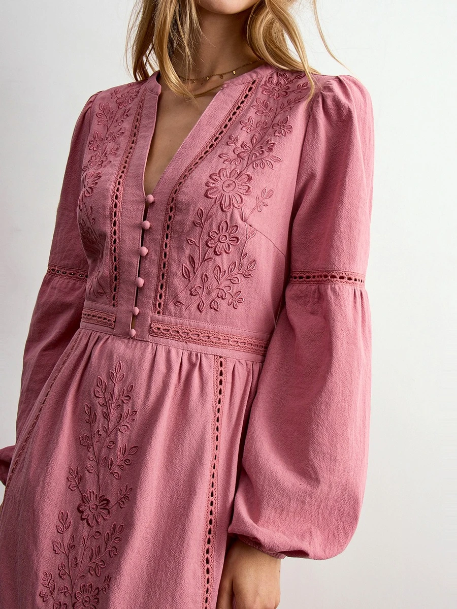 Willow Rêve Women's V-Neck Pleated Casual Party Dress - Dusty Pink - View 1