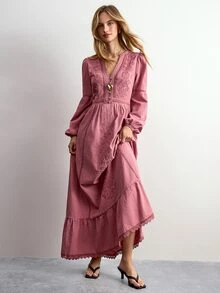 Willow Rêve Women's V-Neck Pleated Casual Party Dress - Dusty Pink - View 3