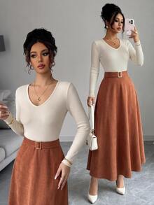 Selianne Women's Spring/Autumn Exquisite Comfortable Apricot & Orange Color Block Deep Shirred Long Sleeve Shirred Waist Inclusive Slimming Metal Buckle Decor A-Line Full Skirt Romantic Date Outing Dinner Versatile Dress - Multicolor - View 6
