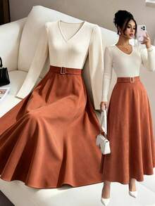 Selianne Women's Spring/Autumn Exquisite Comfortable Apricot & Orange Color Block Deep Shirred Long Sleeve Shirred Waist Inclusive Slimming Metal Buckle Decor A-Line Full Skirt Romantic Date Outing Dinner Versatile Dress - Multicolor - View 1
