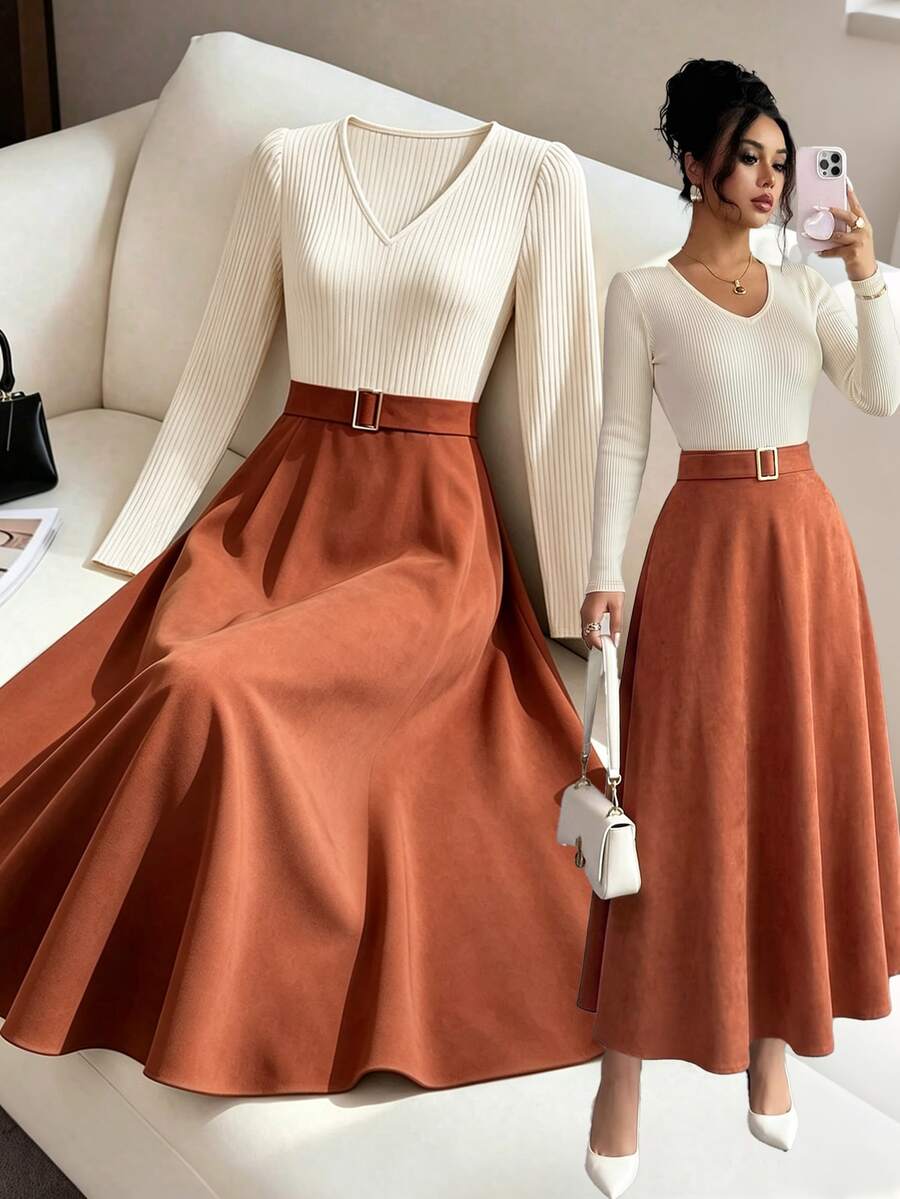 Selianne Women's Spring/Autumn Exquisite Comfortable Apricot & Orange Color Block Deep Shirred Long Sleeve Shirred Waist Inclusive Slimming Metal Buckle Decor A-Line Full Skirt Romantic Date Outing Dinner Versatile Dress - Multicolor - View 1