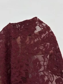 LUMIGAL Feather Yarn Lace Patchwork Faux Fur Collar Long Sleeve Blouse - Burgundy - View 8
