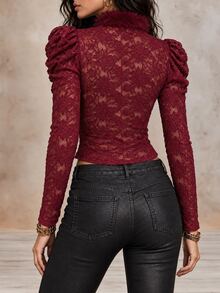 LUMIGAL Feather Yarn Lace Patchwork Faux Fur Collar Long Sleeve Blouse - Burgundy - View 2