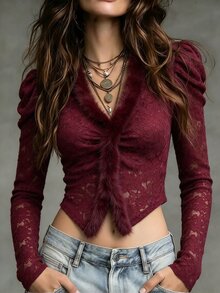 LUMIGAL Feather Yarn Lace Patchwork Faux Fur Collar Long Sleeve Blouse - Burgundy - View 3
