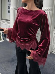 Selianne Standard Size Women's Slim Fit Velvet Fabric Top, Wide Neckline, Dropped Shoulder, Bell Sleeves, Ruched Waist, Fall, Party Dinner Going Out, Burgundy - Burgundy - View 5