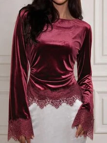 Selianne Standard Size Women's Slim Fit Velvet Fabric Top, Wide Neckline, Dropped Shoulder, Bell Sleeves, Ruched Waist, Fall, Party Dinner Going Out, Burgundy - Burgundy - View 3