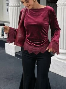 Selianne Standard Size Women's Slim Fit Velvet Fabric Top, Wide Neckline, Dropped Shoulder, Bell Sleeves, Ruched Waist, Fall, Party Dinner Going Out, Burgundy - Burgundy - View 6