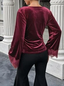 Selianne Standard Size Women's Slim Fit Velvet Fabric Top, Wide Neckline, Dropped Shoulder, Bell Sleeves, Ruched Waist, Fall, Party Dinner Going Out, Burgundy - Burgundy - View 2