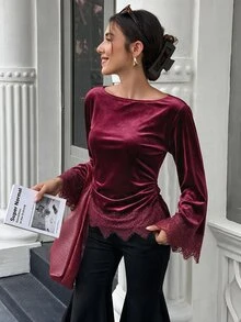 Selianne Standard Size Women's Slim Fit Velvet Fabric Top, Wide Neckline, Dropped Shoulder, Bell Sleeves, Ruched Waist, Fall, Party Dinner Going Out, Burgundy - Burgundy - View 4
