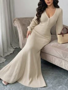 SHEIN Raffinéa Casual Fit V-Neck Long Sleeve Knitted Button-Down Apricot Women's Sweater Dress, Spring/Autumn - Apricot - View 6