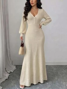SHEIN Raffinéa Casual Fit V-Neck Long Sleeve Knitted Button-Down Apricot Women's Sweater Dress, Spring/Autumn - Apricot - View 4