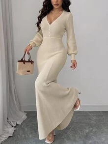 SHEIN Raffinéa Casual Fit V-Neck Long Sleeve Knitted Button-Down Apricot Women's Sweater Dress, Spring/Autumn - Apricot - View 2