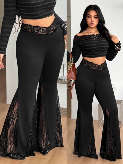 Coolane Women's Plus Size Fall Winter Going Out Date Night Party Goth Y2K Grunge Night Outfits Club Sexy Black Lace Patchwork V-Waist Flare Pants Halloween