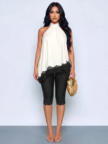 SOLERSUN Petite Two Pieces Pants Set For Women, White Halter Neck Lace Trim Top And Black Capri Leggings, Figure Flattering Matching Outfit Summer Sexy - Black and White - View 4