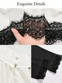 SOLERSUN Petite Two Pieces Pants Set For Women, White Halter Neck Lace Trim Top And Black Capri Leggings, Figure Flattering Matching Outfit Summer Sexy - Black and White - View 7