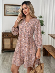EMERY ROSE Women's Ditsy Floral 3/4 Sleeve Single-Breasted Casual Boho Vacation Dress Vacation Pink Floral Autumn - Multicolor - View 6