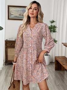 EMERY ROSE Women's Ditsy Floral 3/4 Sleeve Single-Breasted Casual Boho Vacation Dress Vacation Pink Floral Autumn - Multicolor - View 5