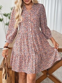 EMERY ROSE Women's Ditsy Floral 3/4 Sleeve Single-Breasted Casual Boho Vacation Dress Vacation Pink Floral Autumn - Multicolor - View 7
