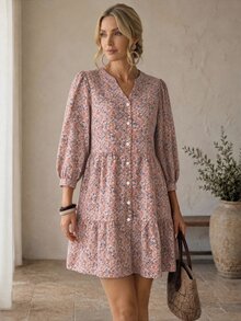 EMERY ROSE Women's Ditsy Floral 3/4 Sleeve Single-Breasted Casual Boho Vacation Dress Vacation Pink Floral Autumn - Multicolor - View 2