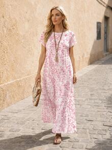 EMERY ROSE Vestido casual minimalista con estampado floral de acuarela rosa, versátil, adecuado para primavera/verano y otoño, vestidos chic de otoño - Multicolor - Ver 3