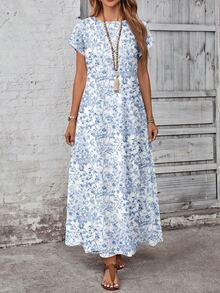 EMERY ROSE Casual Minimalist Versatile Pattern Women Summer Dress,Casual Blue And White Floral Short Sleeve Maxi Long - Blue and White - View 6