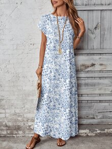 EMERY ROSE Casual Minimalist Versatile Pattern Women Summer Dress,Casual Blue And White Floral Short Sleeve Maxi Long - Blue and White - View 7