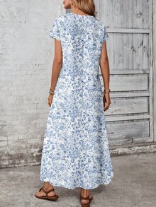 EMERY ROSE Casual Minimalist Versatile Pattern Women Summer Dress,Casual Blue And White Floral Short Sleeve Maxi Long - Blue and White - View 4