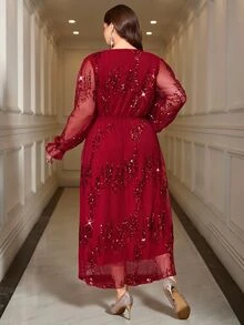 Reflora Plus Size Women Solid Color Sequin Round Neck Long Sleeve Elegant Dress Fall Christmas - Red - View 3
