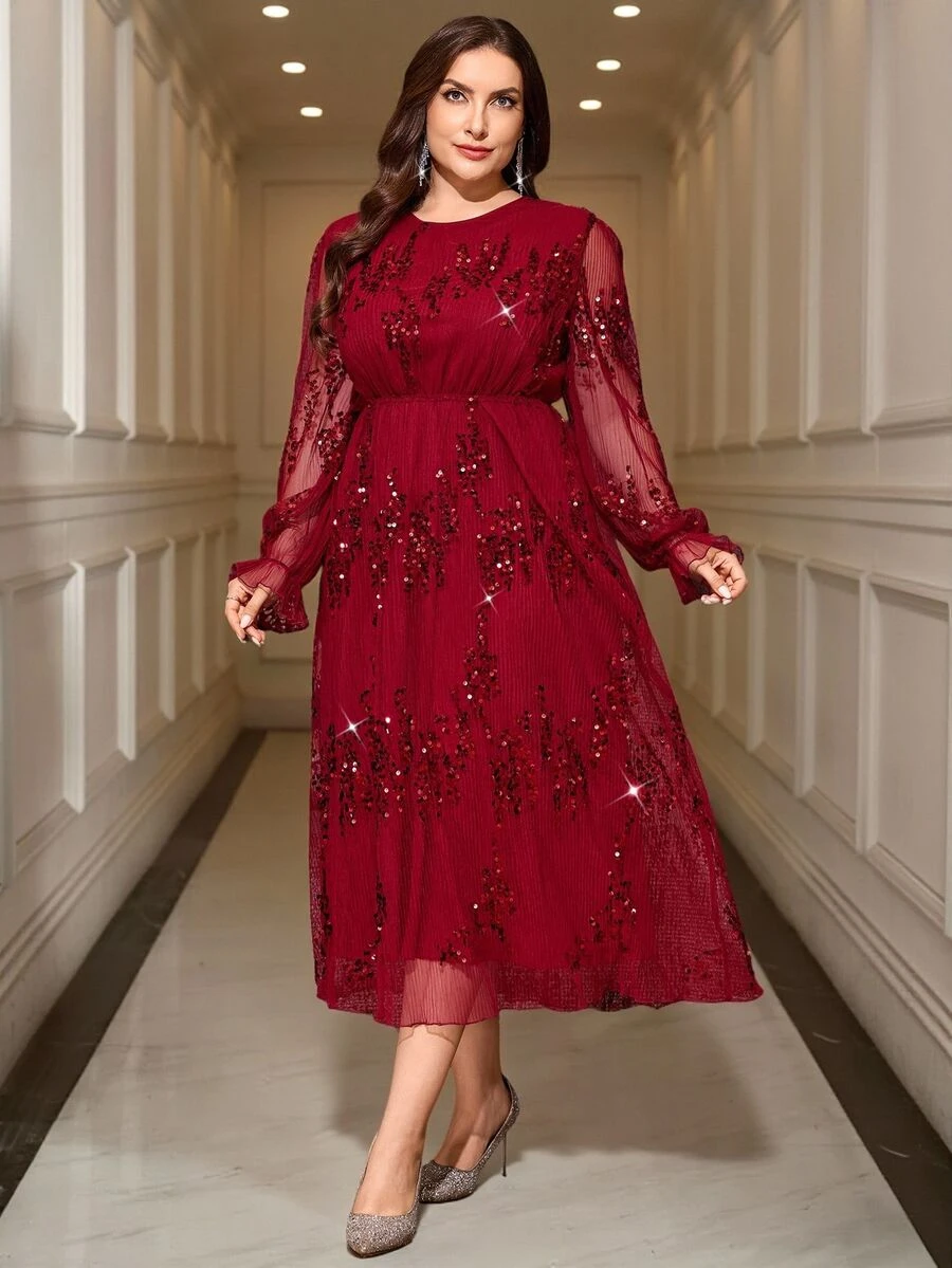 Reflora Plus Size Women Solid Color Sequin Round Neck Long Sleeve Elegant Dress Fall Christmas