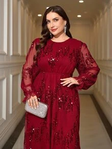 Reflora Plus Size Women Solid Color Sequin Round Neck Long Sleeve Elegant Dress Fall Christmas - Red - View 8