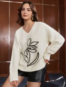 Anewsta Women's Light Color Rope Embroidery Rhinestone & Bead Decor Loose Comfortable Knit Top For Vacation And Outings - Apricot - View 7