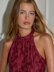Nöista Romantic Burgundy Halter Top With Delicate Floral Texture, A Playful Ruched Hem And Softly Gathered Details For A Graceful, Statement Look. - Burgundy - View 6