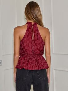 Nöista Romantic Burgundy Halter Top With Delicate Floral Texture, A Playful Ruched Hem And Softly Gathered Details For A Graceful, Statement Look. - Burgundy - View 3